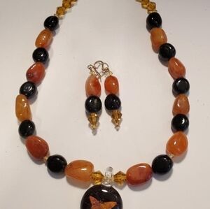 Butterfly Glass Encased Pendant Carnelian Gemstone Black Nugget Choker Necklace